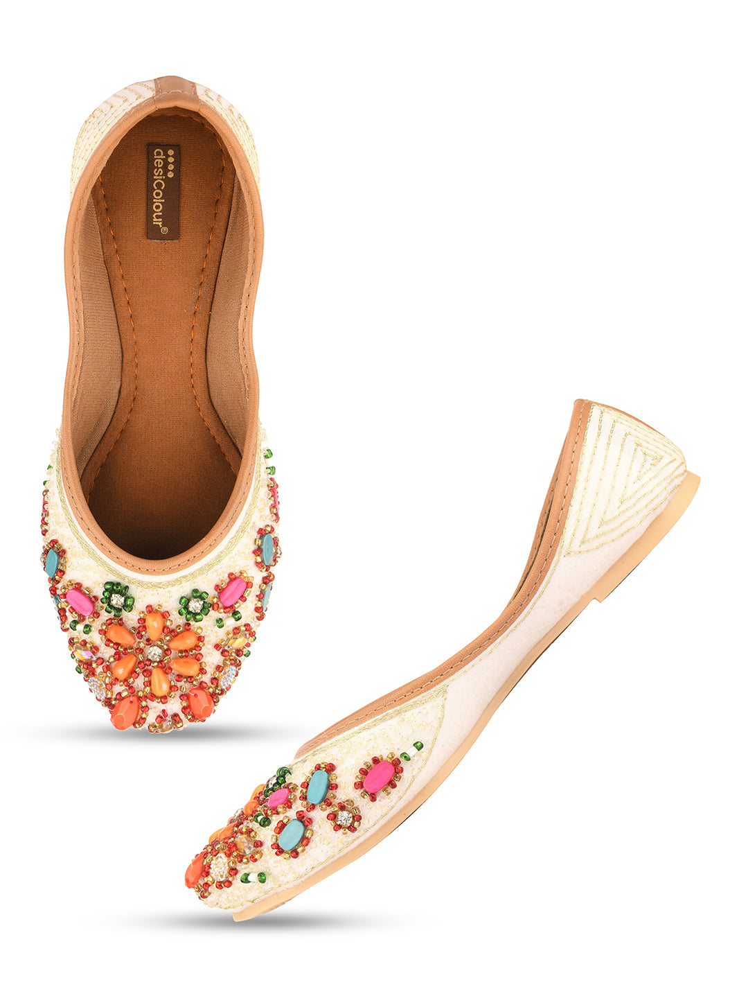 Women's White & Orange Stone Work  Indian Ethnic Comfort Footwear - Desi Colour
