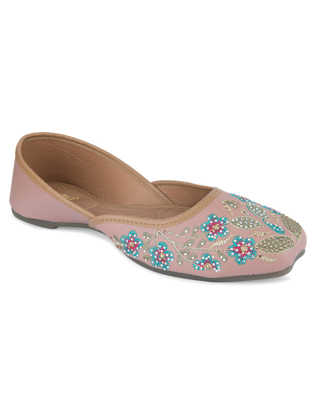 Women's Peach Handcrafted Stone Work   Indian Ethnic Comfort Footwear1 - Desi Colour