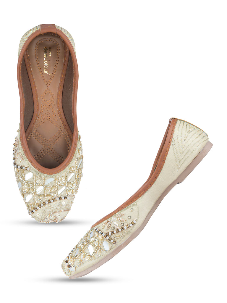 Women's White Designer Dabka  Indian Ethnic Comfort Footwear
