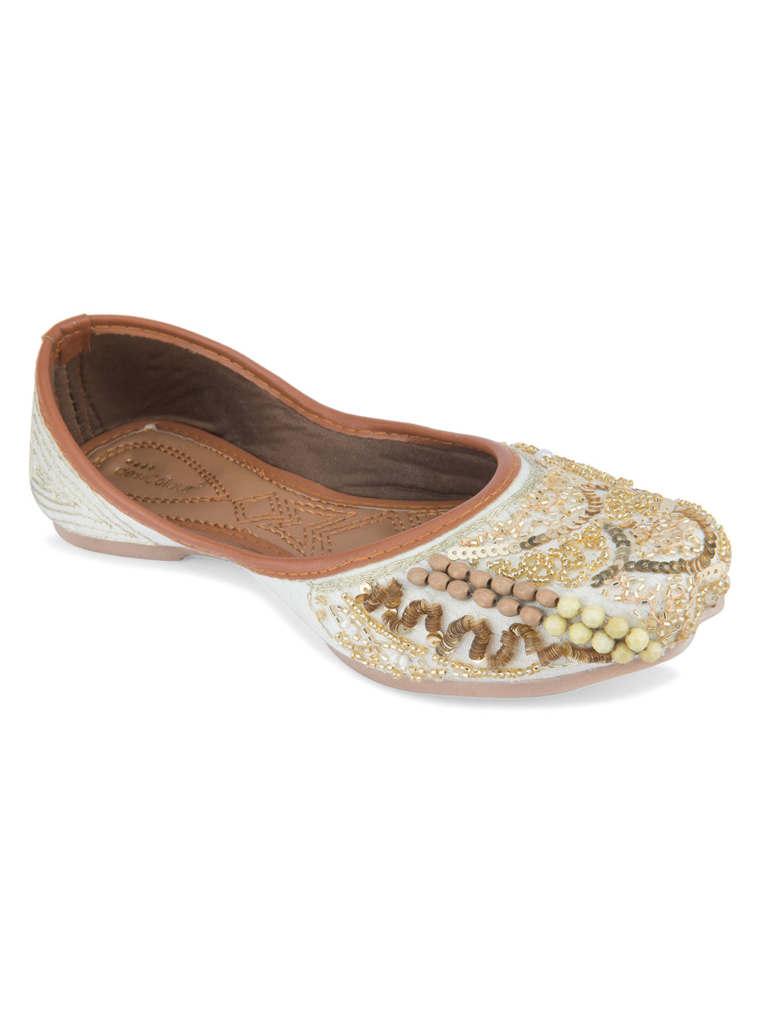 Women's Off White Designer Dabka  Indian Ethnic Comfort Footwear - Desi Colour
