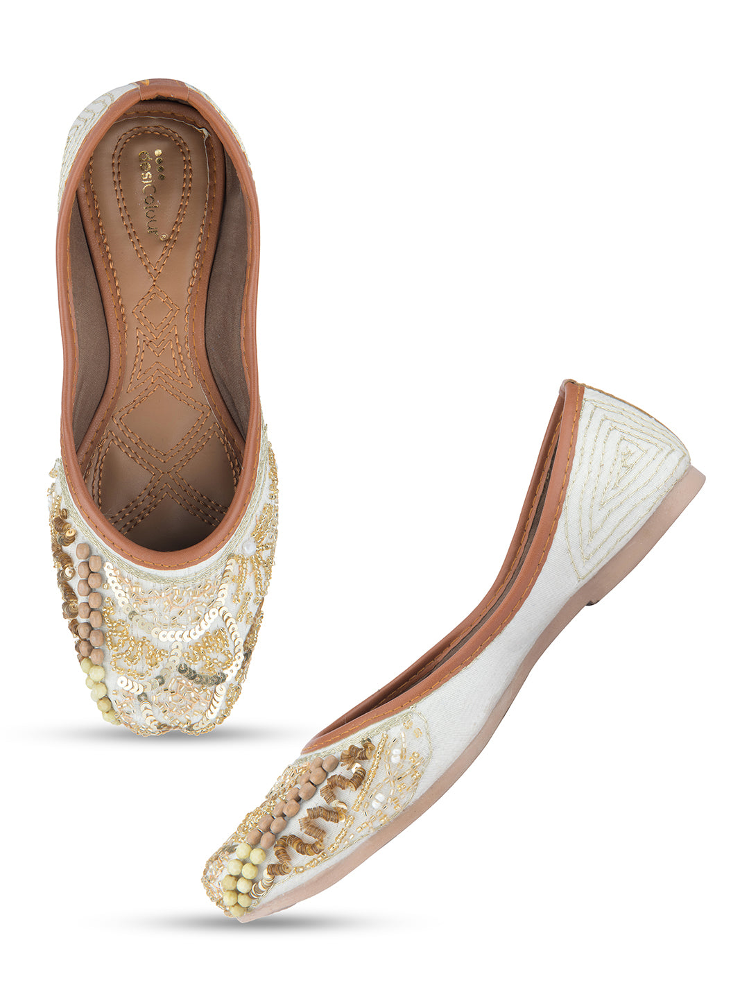 Women's Off White Designer Dabka  Indian Ethnic Comfort Footwear - Desi Colour