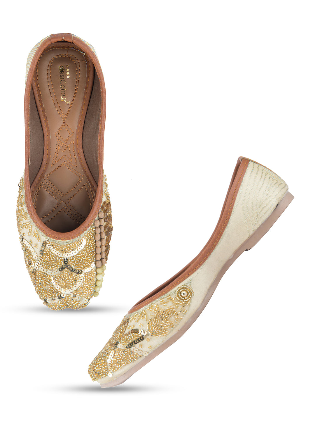 Women's Off White Designer Dabka  Indian Ethnic Comfort Footwear1 - Desi Colour