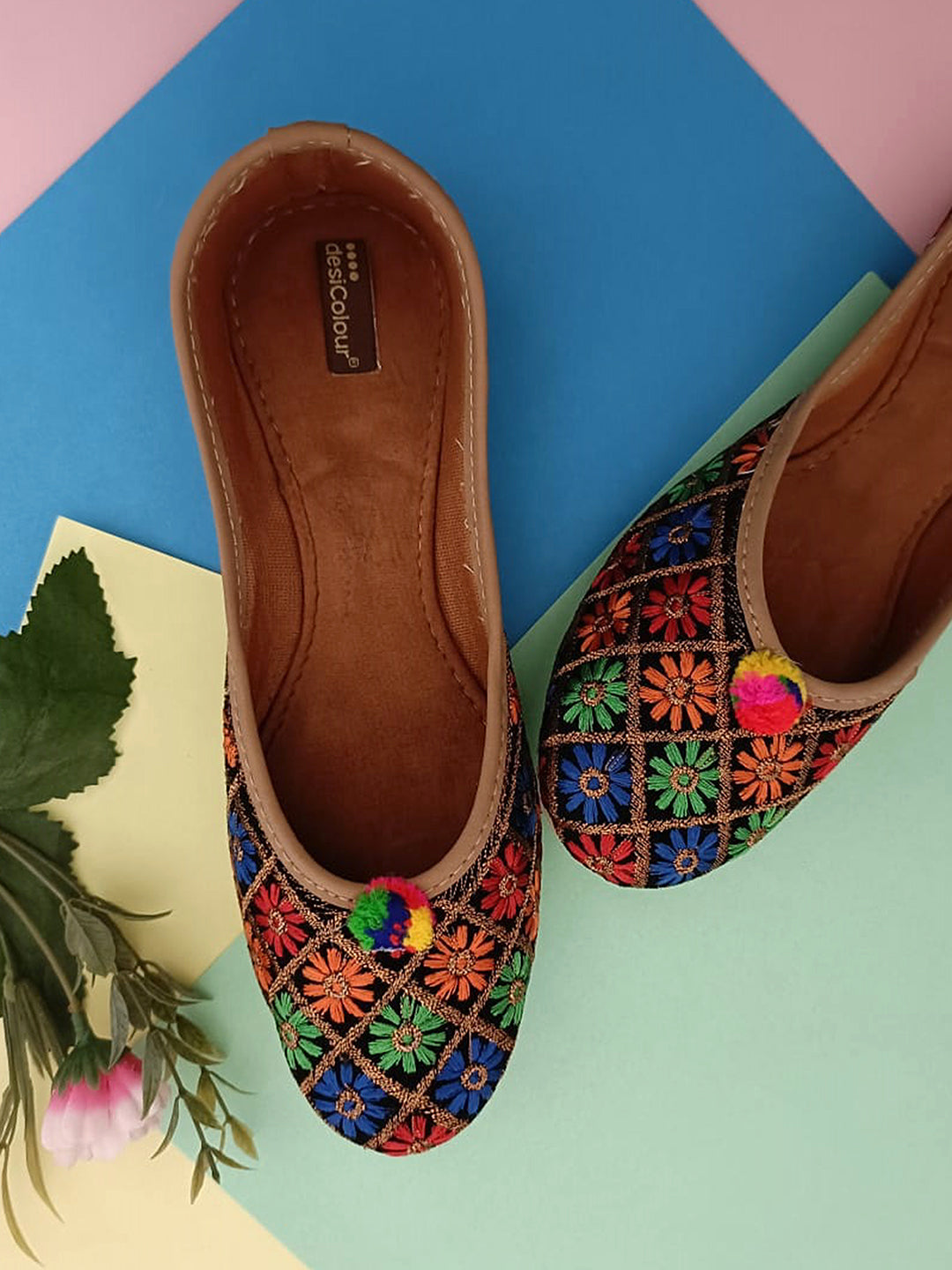 Women's Floral Black Womens Indian Ethnic Comfort Footwear - Desi Colour