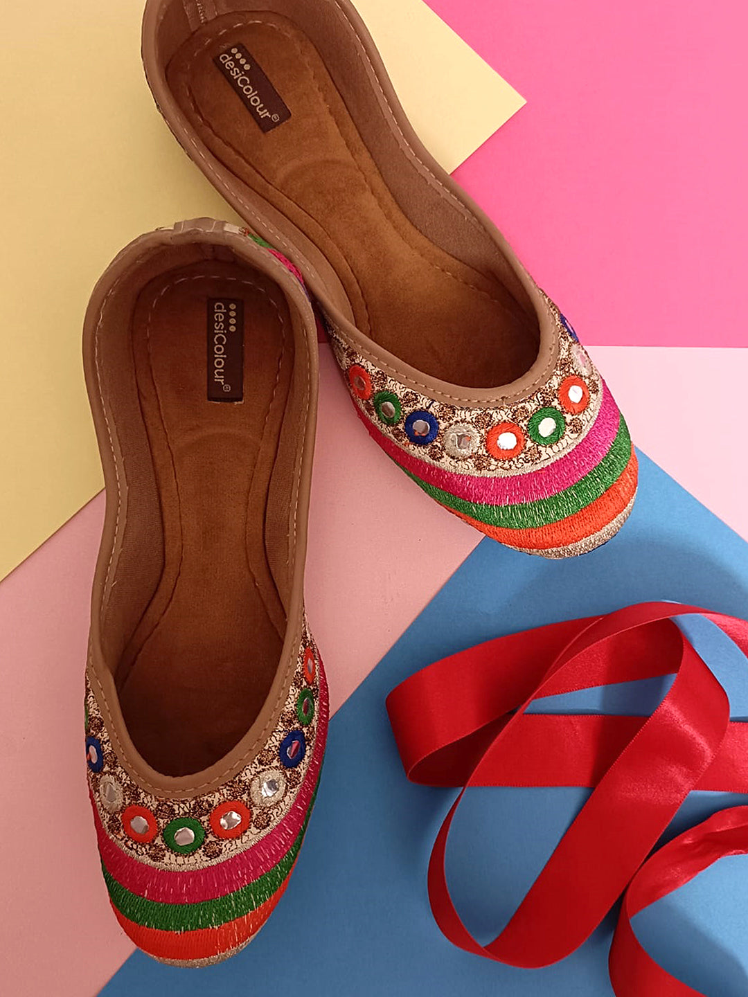 Women's Multicolour Mirror Womens Indian Ethnic Comfort Footwear - Desi Colour