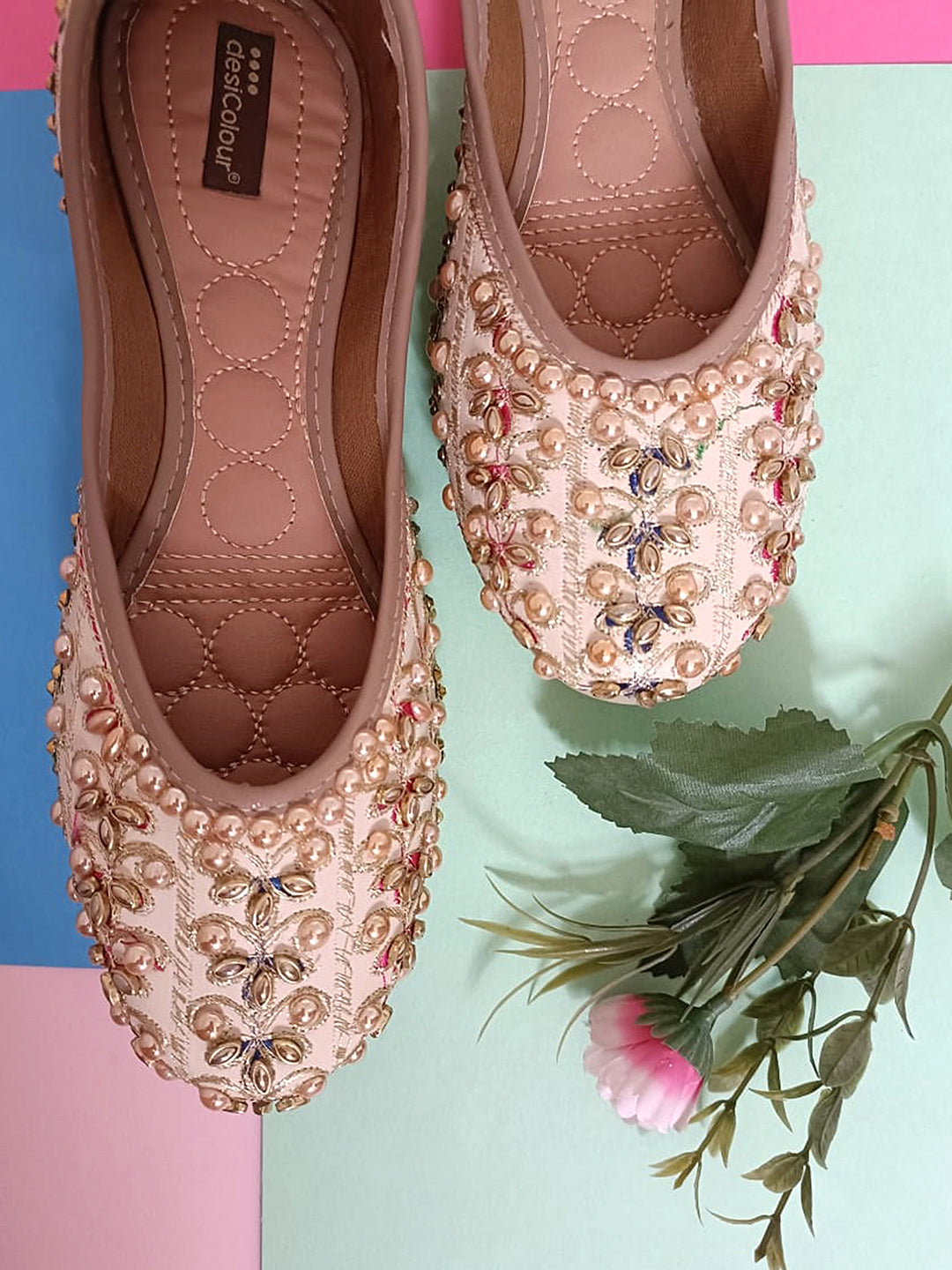 Women's Golden Stone Work Womens Indian Ethnic Comfort Footwear - Desi Colour