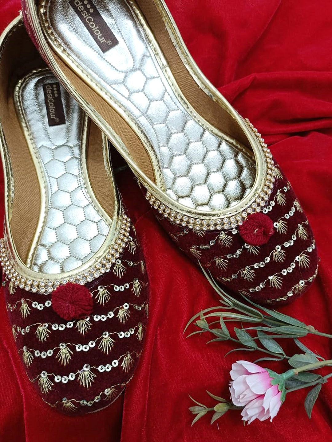 Women's Maroon Velvet Star Womens Indian Ethnic Comfort Footwear - Desi Colour
