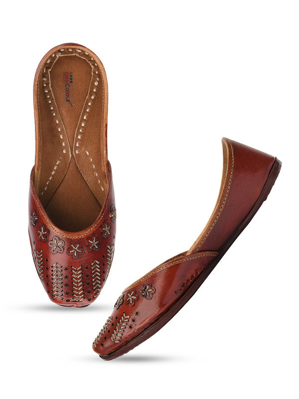 Women's Brown Zari Womens Indian Ethnic Leather Footwear - Desi Colour