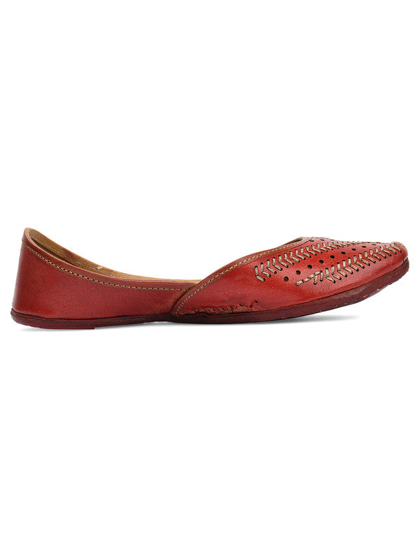 Women's Red Zari Womens Indian Ethnic Leather Footwear - Desi Colour