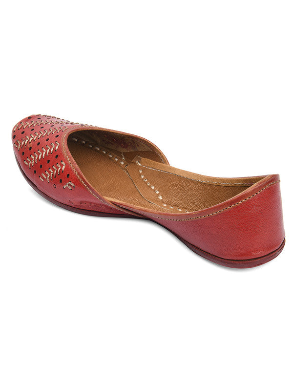 Women's Red Zari Womens Indian Ethnic Leather Footwear - Desi Colour