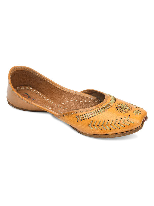 Women's Tan Zari Womens Indian Ethnic Leather Footwear - Desi Colour