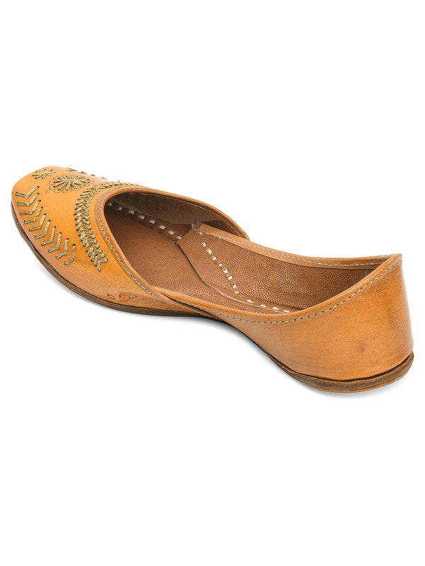 Women's Tan Zari Womens Indian Ethnic Leather Footwear - Desi Colour