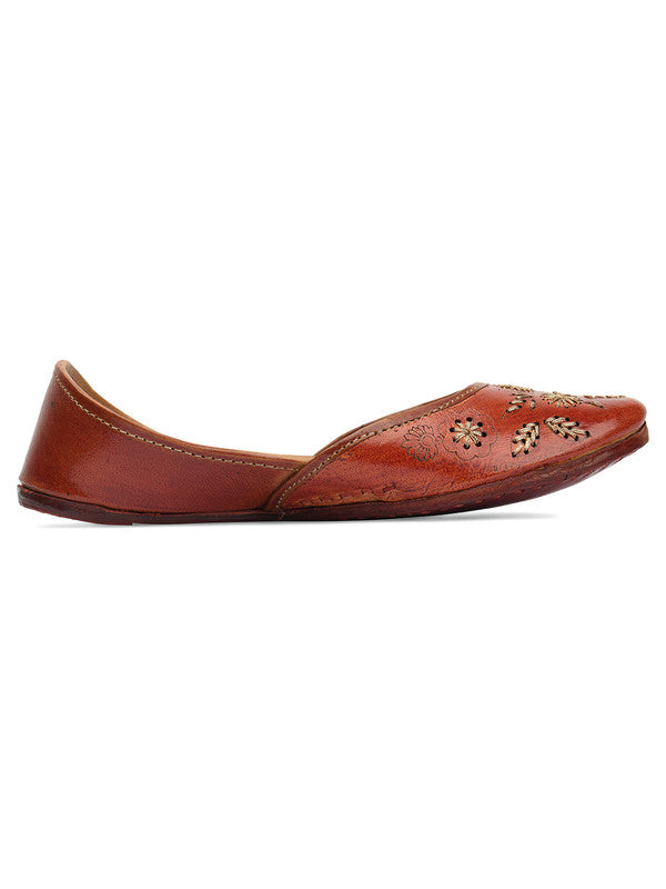 Women's Brown Zari Work Womens Indian Ethnic Leather Footwear - Desi Colour