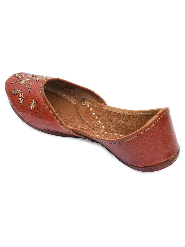 Women's Brown Zari Work Womens Indian Ethnic Leather Footwear - Desi Colour
