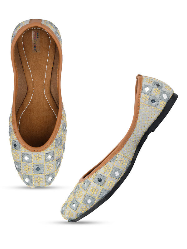 Women's Grey Embroidered Indian Handcrafted Ethnic Comfort Footwear - Desi Colour