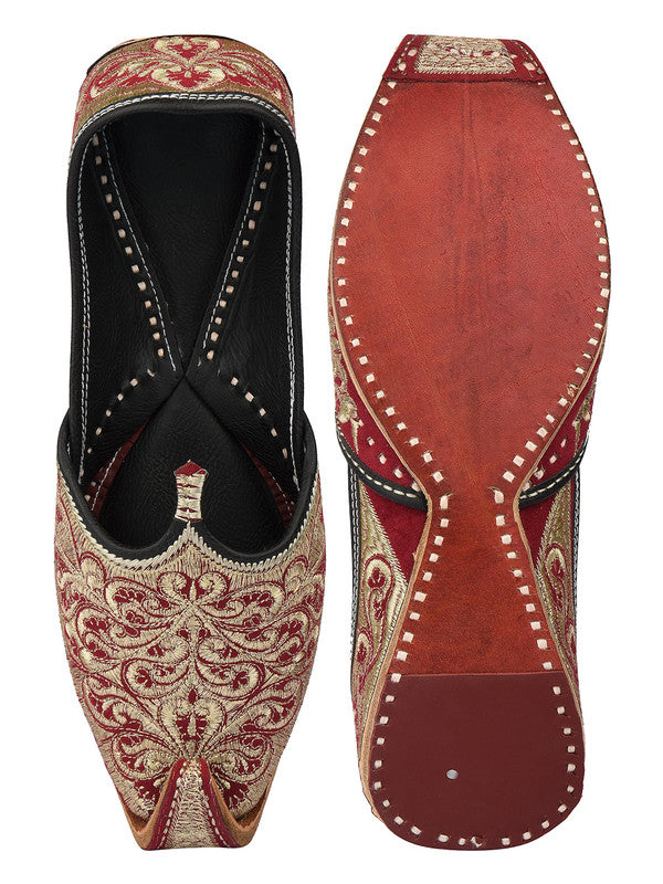 Men's Indian Ethnic Handrafted Maroon Premium Leather Embroidered Footwear - Desi Colour