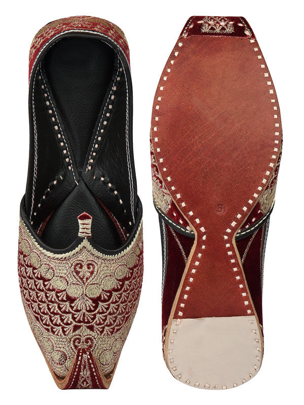 Men's Indian Ethnic Handrafted Maroon Premium Leather Embroidered Footwear - Desi Colour