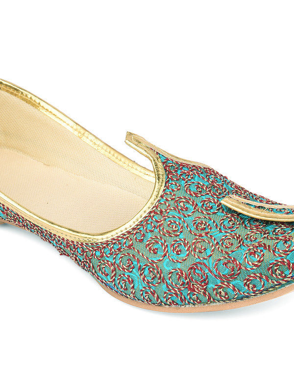 Men's Indian Ethnic Party Wear Sea Green Embroidered Footwear - Desi Colour