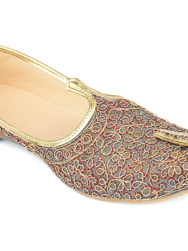 Men's Indian Ethnic Party Wear Grey Embroidered Footwear - Desi Colour