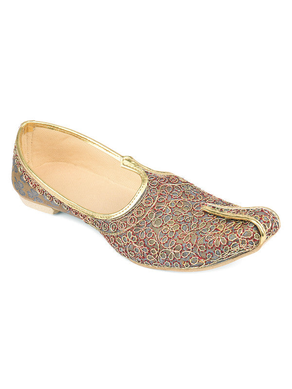 Men's Indian Ethnic Party Wear Grey Embroidered Footwear - Desi Colour