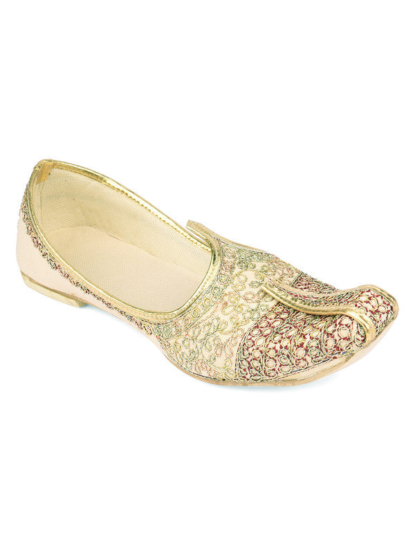 Men's Indian Ethnic Party Wear Golden Embroidered Footwear - Desi Colour