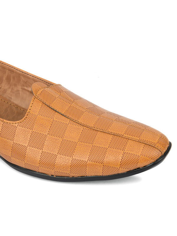 Men's Indian Ethnic Party Wear Textured Tan Heels Footwear - Desi Colour
