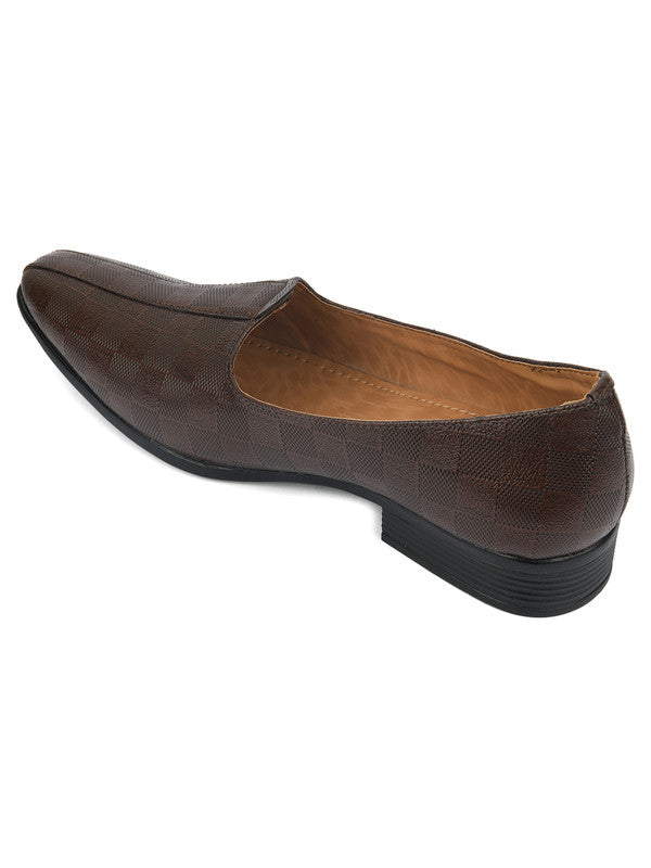 Men's Indian Ethnic Party Wear Textured Brown Heels Footwear - Desi Colour