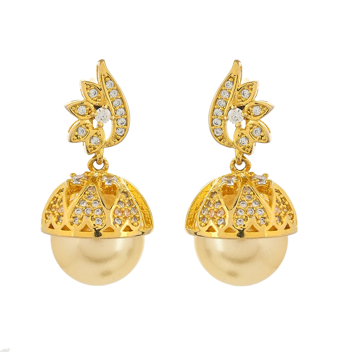 Women's Cz Traditional Gold Plated White Jhumka Earrings - Voylla