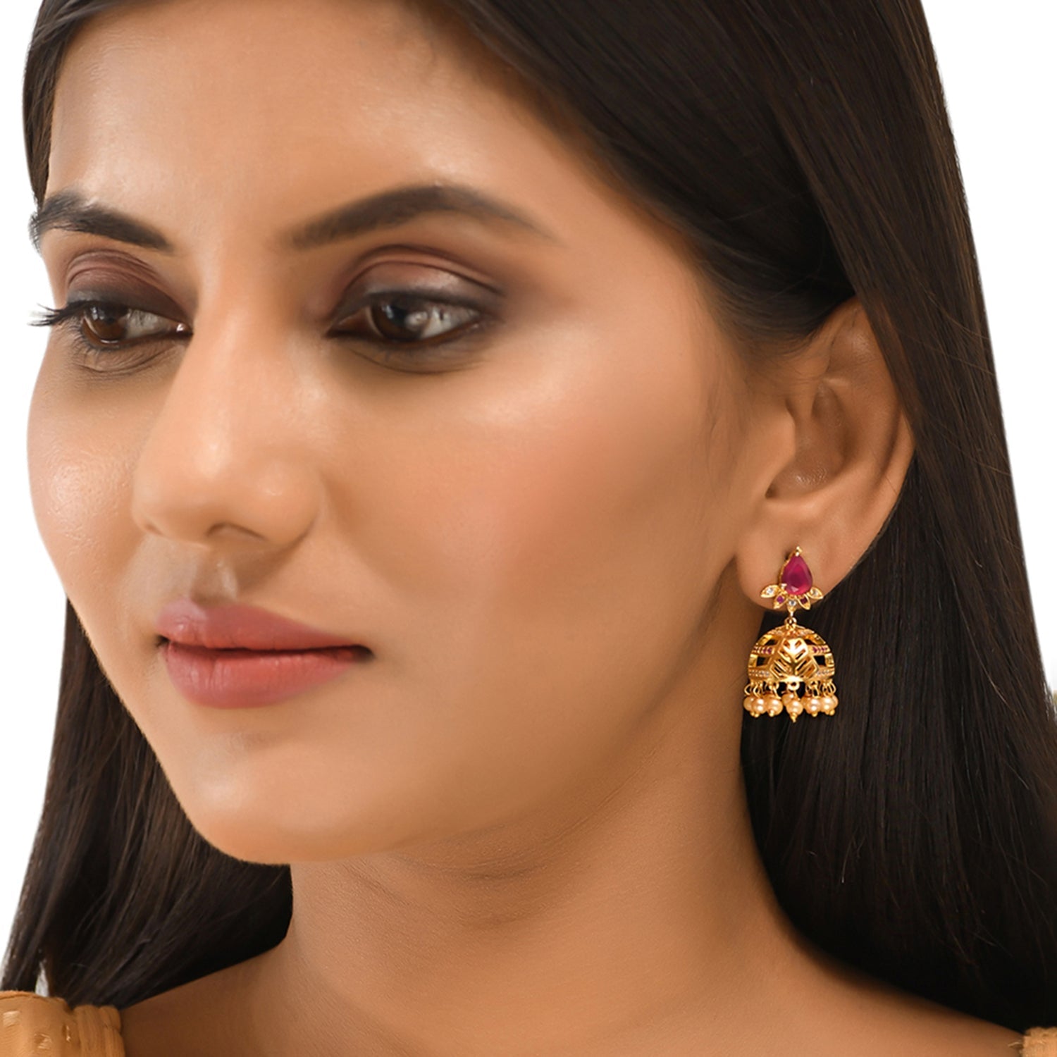 Women's Cz Traditional Gold Plated Red & White Jhumka Earrings - Voylla