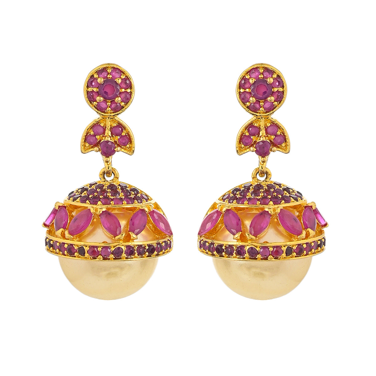 Women's Cz Traditional Gold Plated Red Jhumka Earrings - Voylla