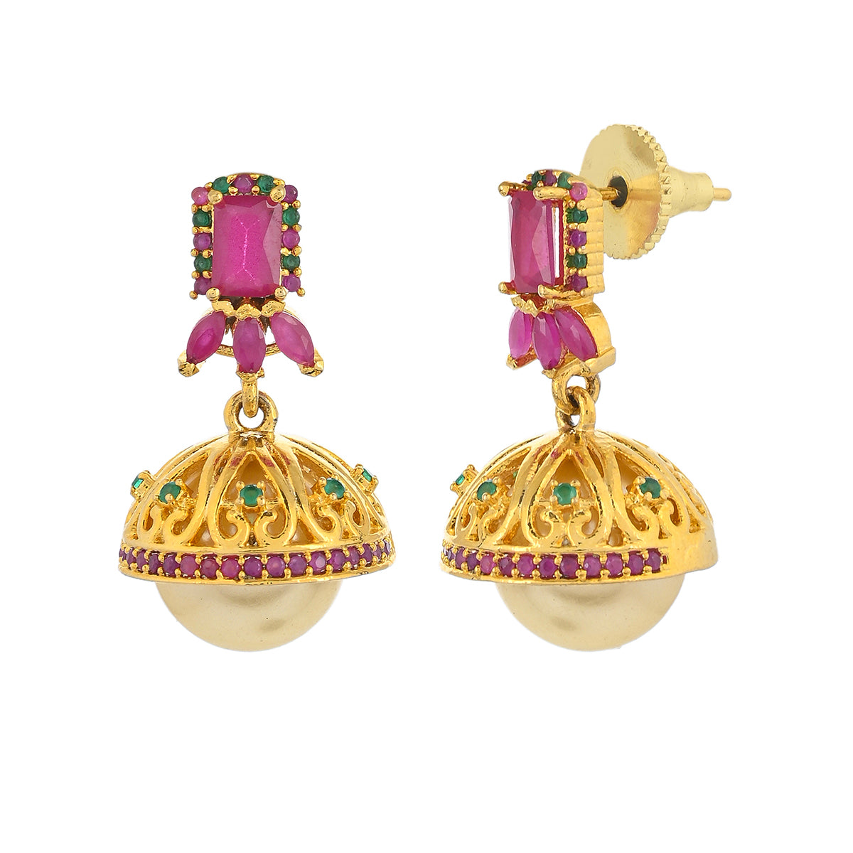 Women's Cz Traditional Gold Plated Red & Green Jhumka Earrings - Voylla