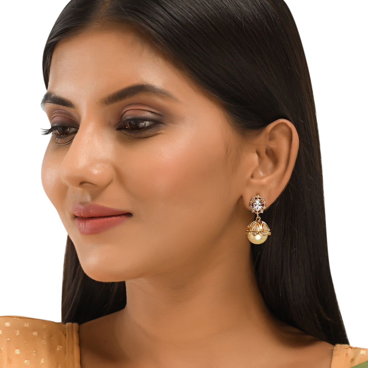 Women's Cz Traditional Gold Plated White Jhumka Earrings - Voylla