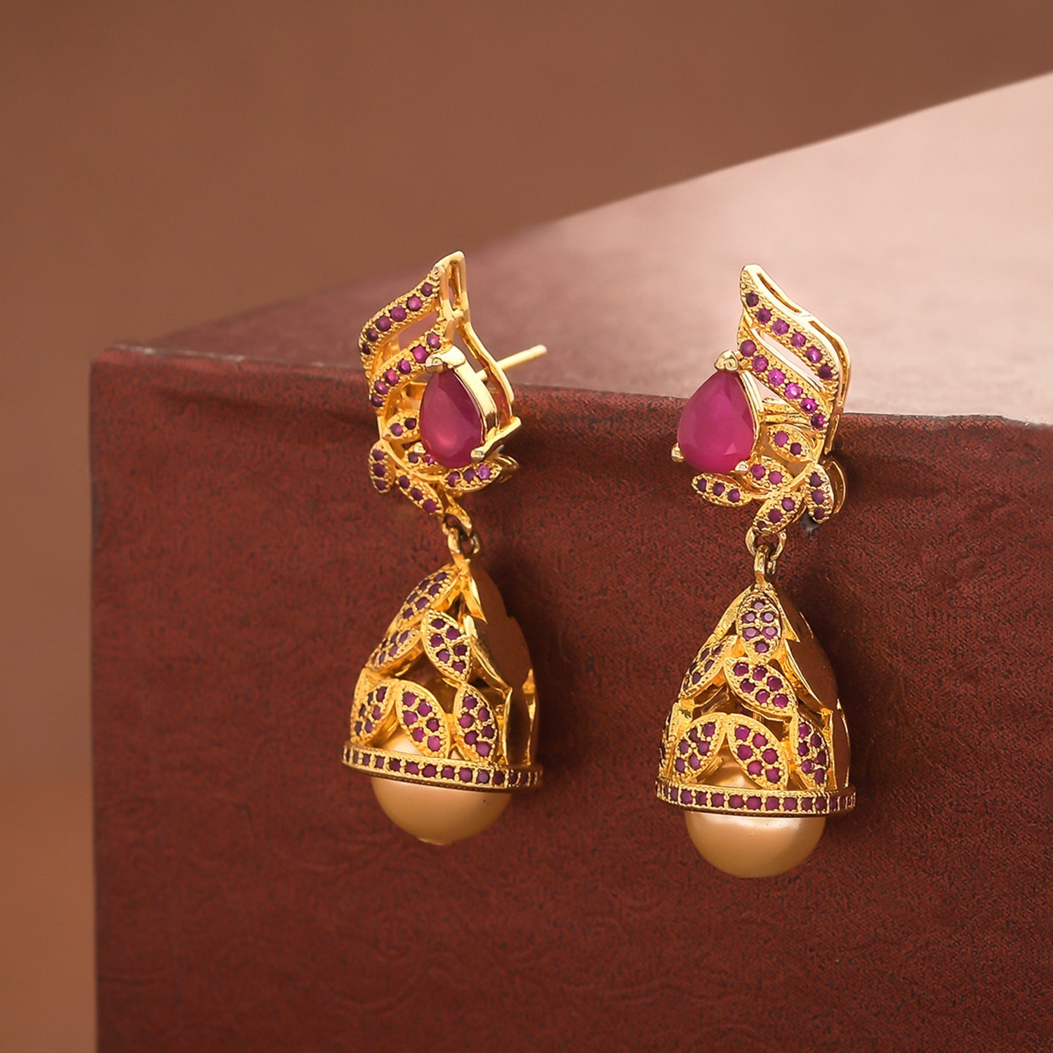 Women's Cz Traditional Gold Plated Red Jhumka Earrings - Voylla