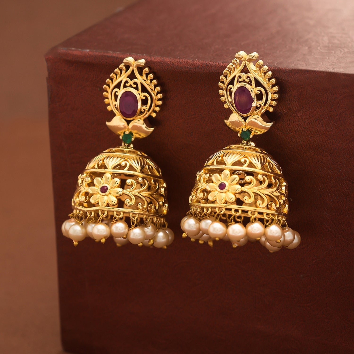 Women's Cz Traditional Gold Plated Red & Green Jhumka Earrings - Voylla