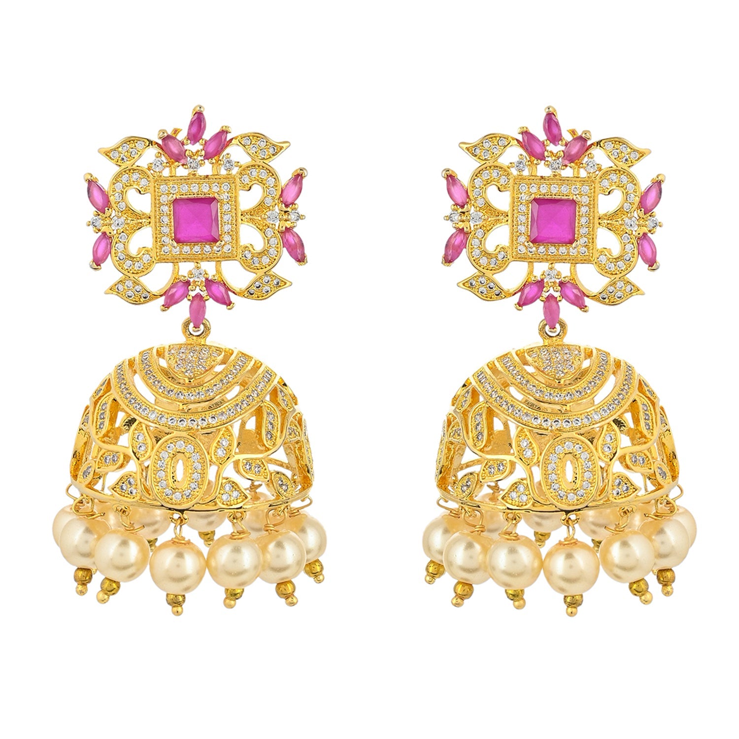 Women's Cz Traditional Gold Plated Red & White Jhumka Earrings - Voylla