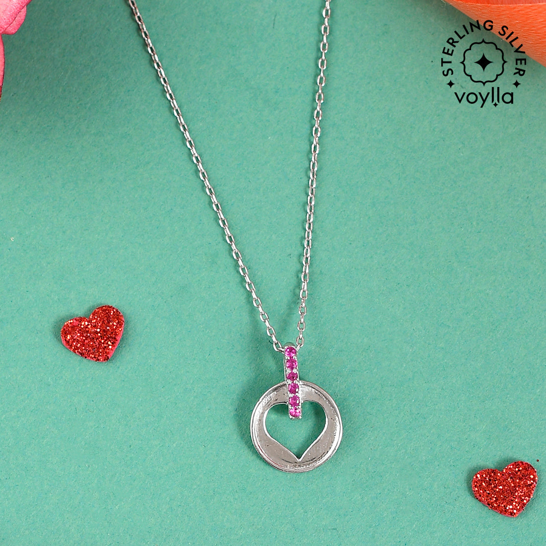 Women's Pink Cz Heart Silver Pendant - Voylla