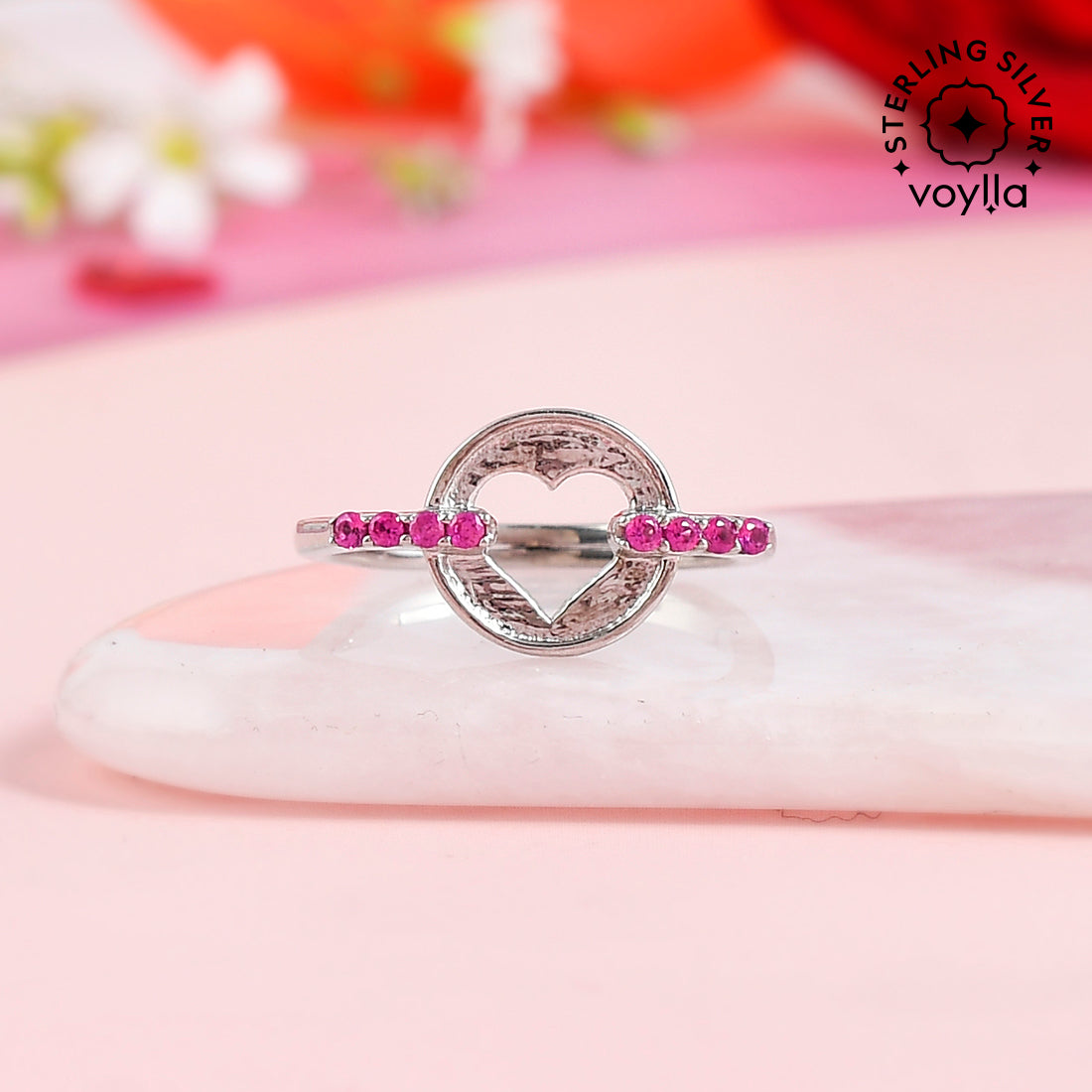 Women's Pink Cz Heart Silver Ring - Voylla