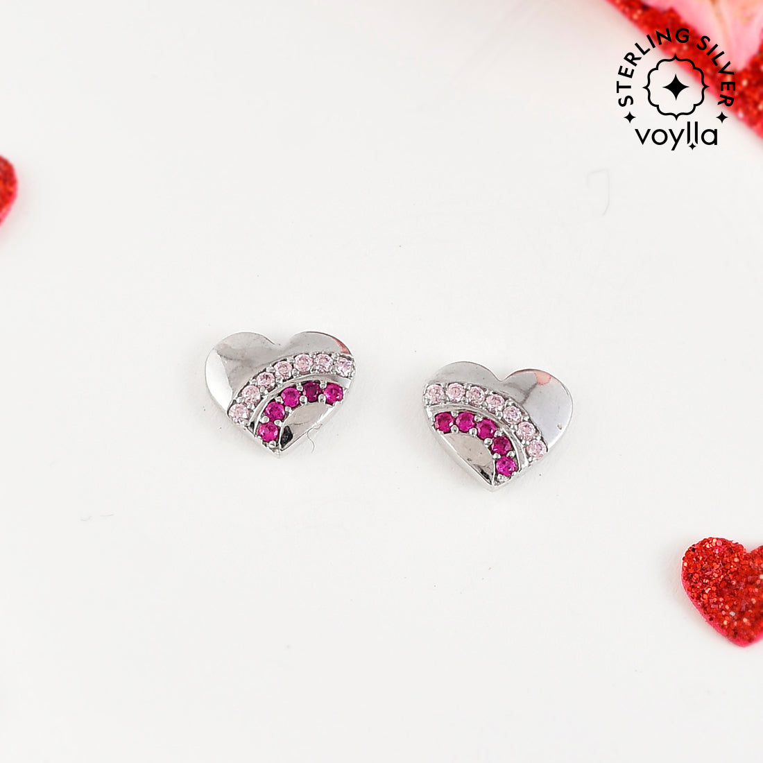Women's Pink And Silver Cz Heart Stud Earrings - Voylla