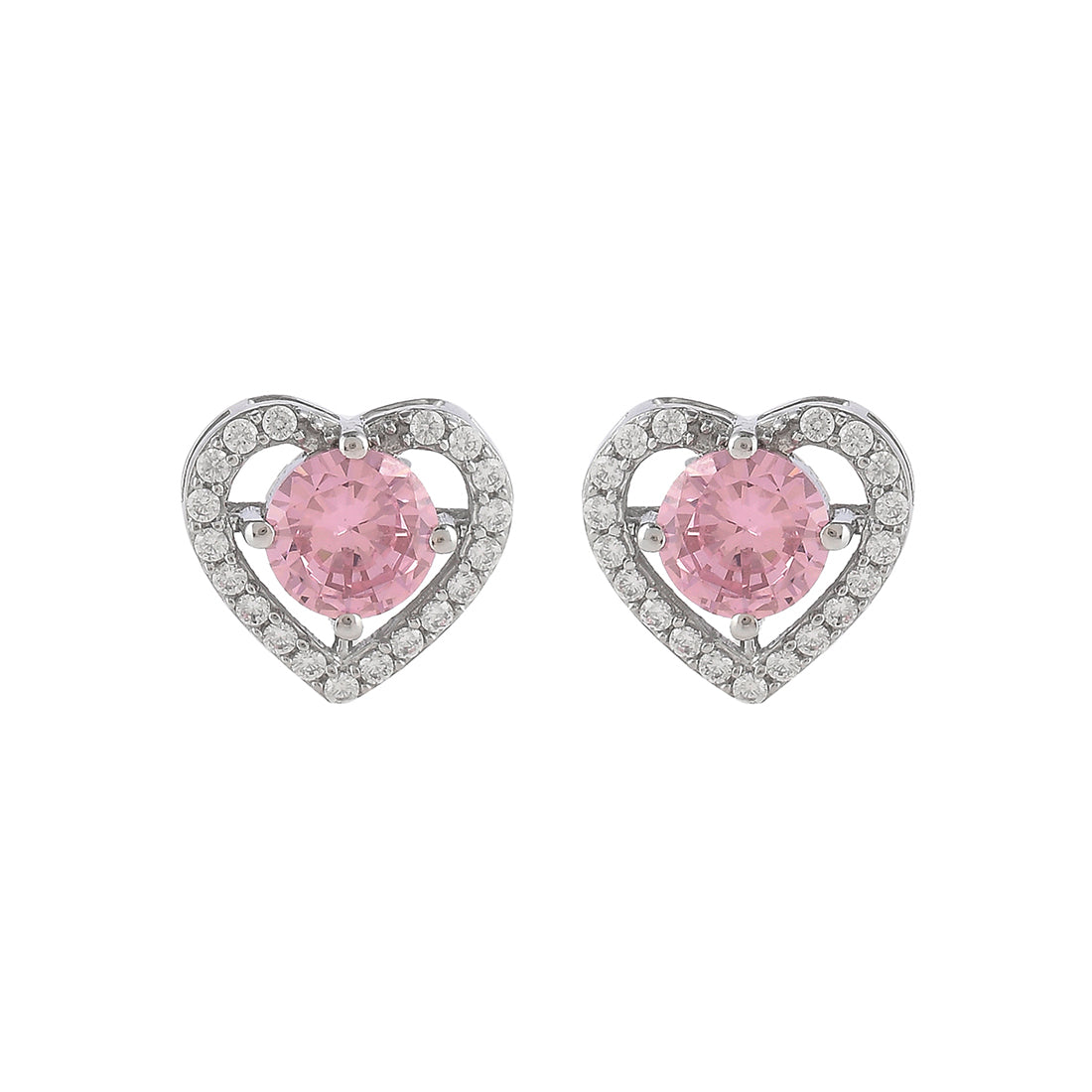 Women's Pink And Silver Cz Hearts Earrings - Voylla
