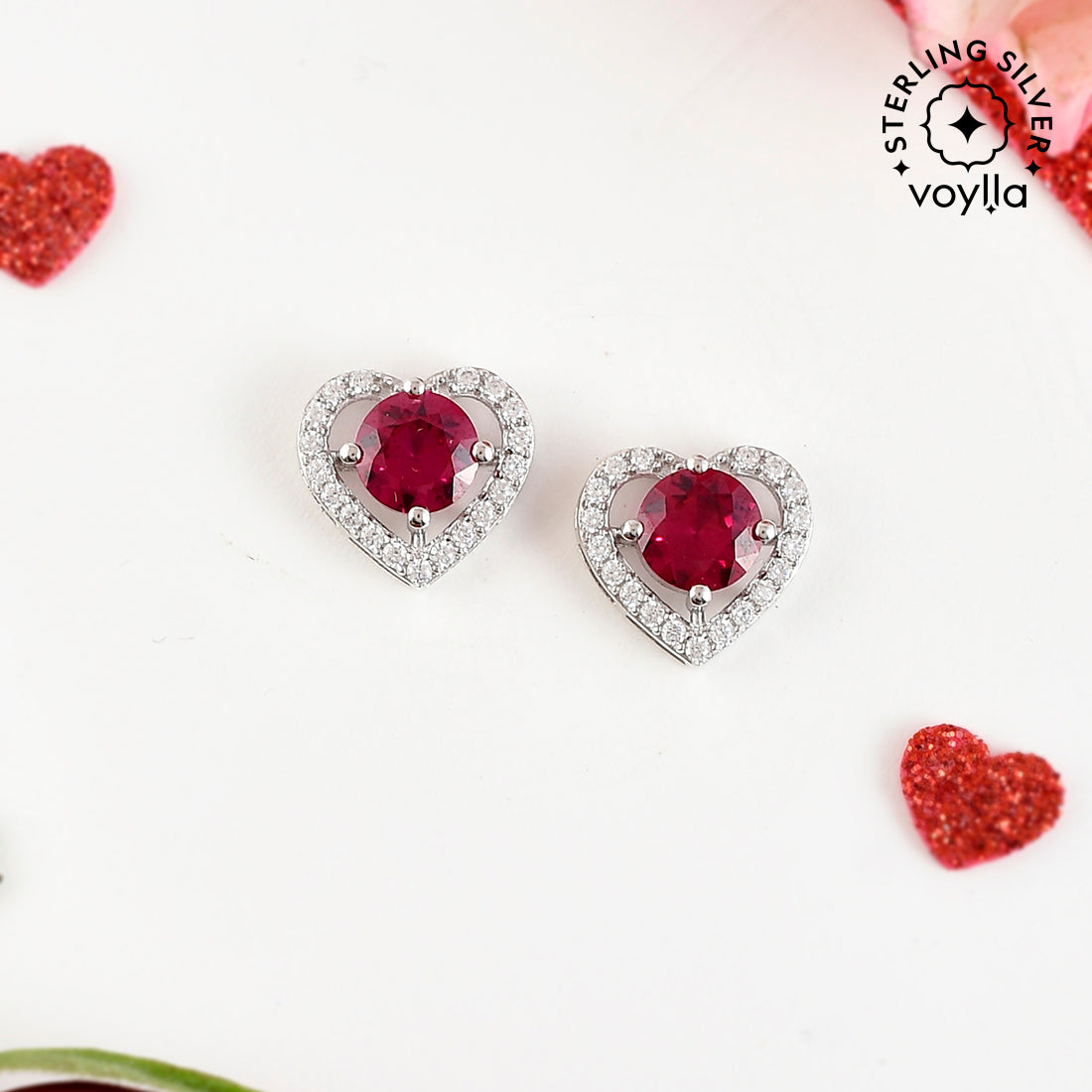 Women's Red And Silver Cz Heart Earrings - Voylla