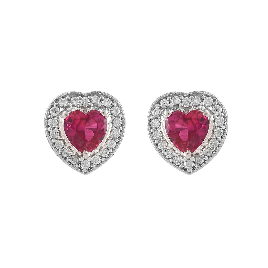 Women's Heart Red And Silver Cz Stud Earrings - Voylla