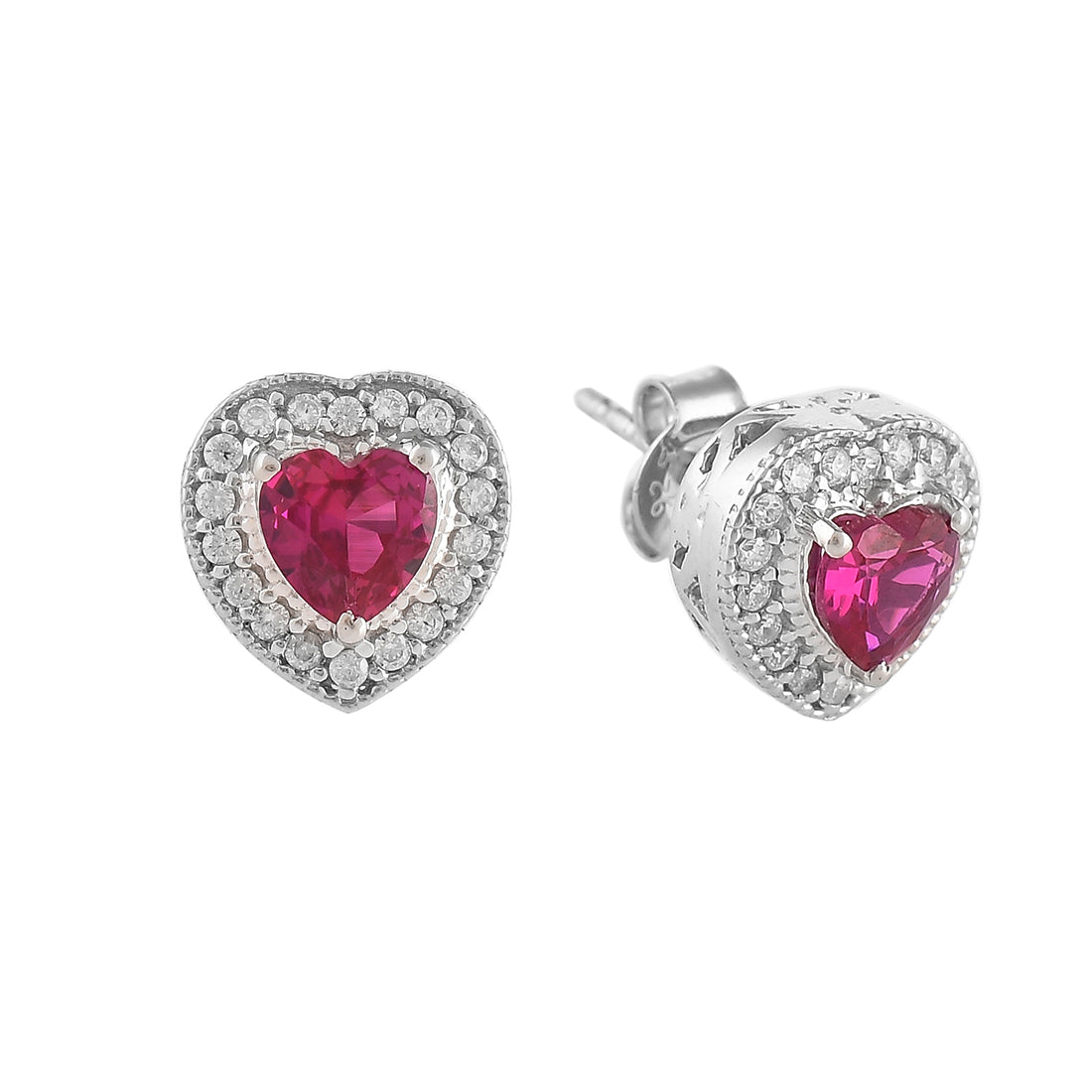 Women's Heart Red And Silver Cz Stud Earrings - Voylla