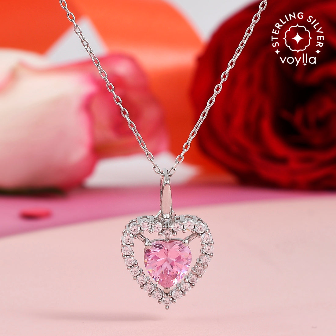 Women's Silver And Pink Cz Heart Pendant - Voylla