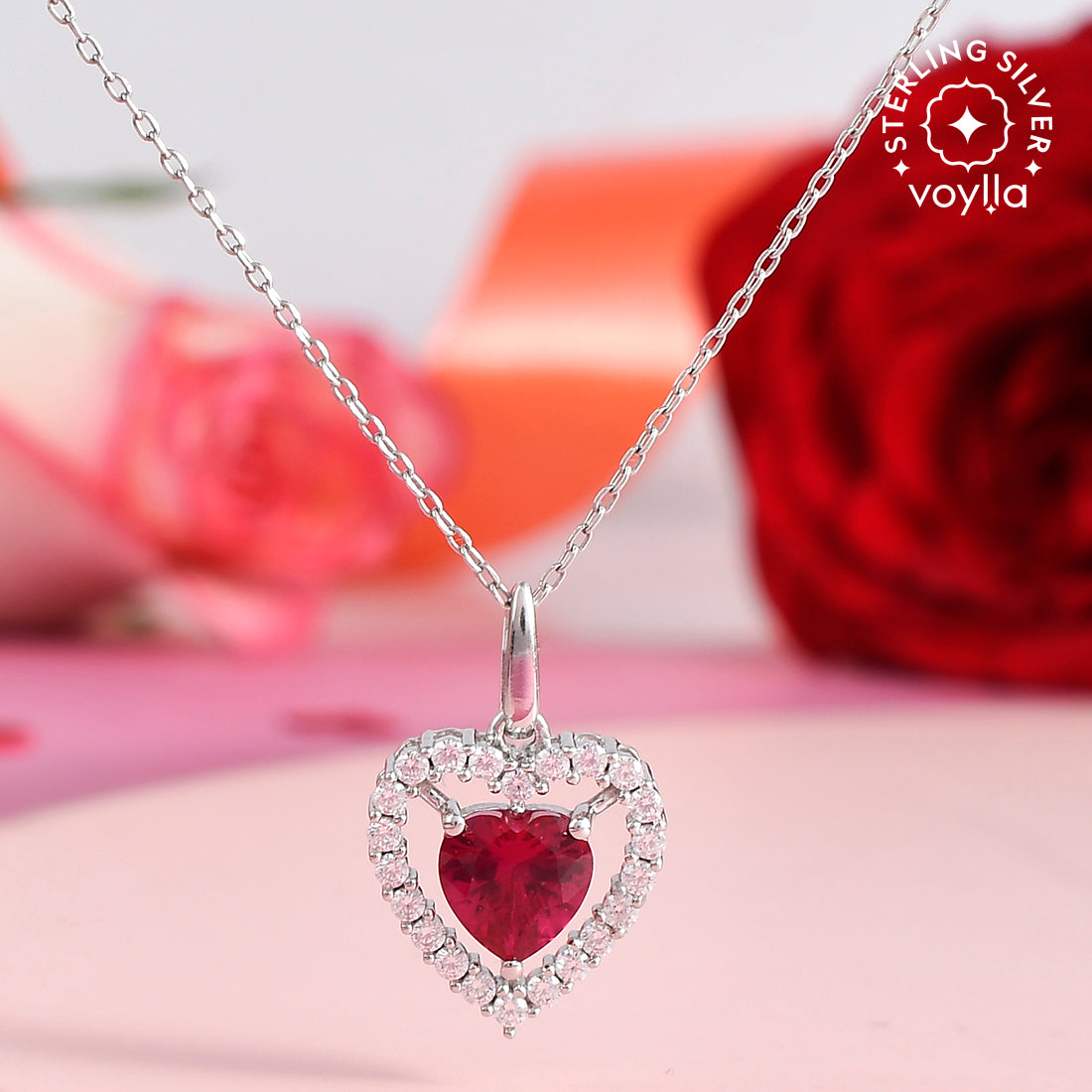 Women's Silver And Red Heart Shaped Pendant - Voylla