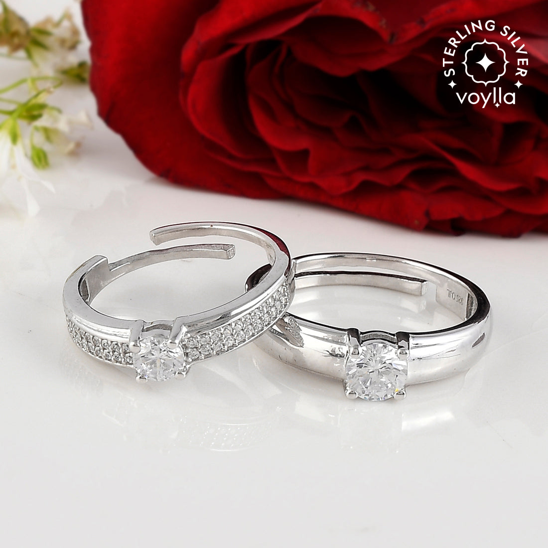 Women's 925 Silver Zirconia Adorned Couple Rings - Voylla