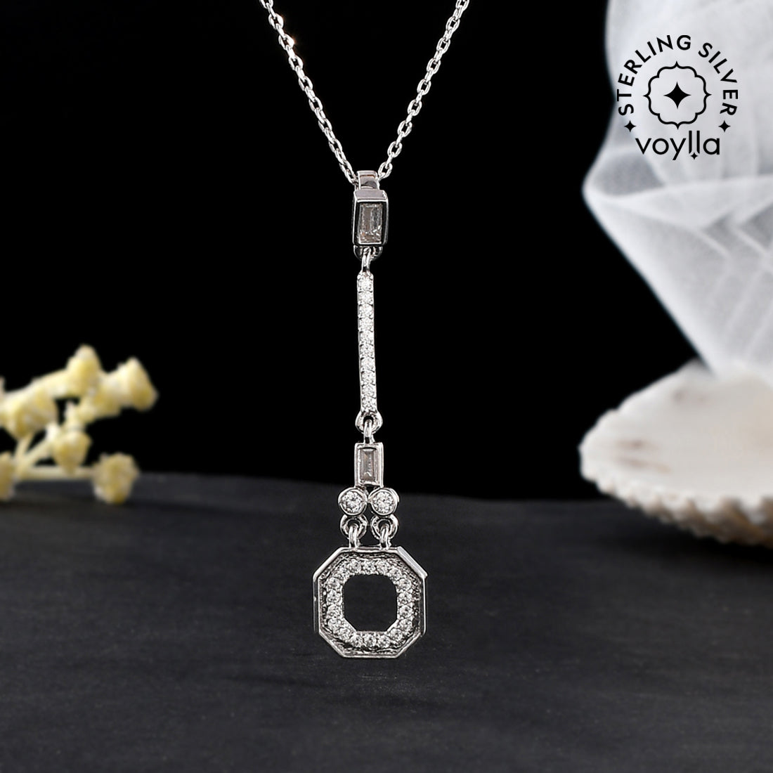 Women's 925 Sterling Silver Round Cut Cz Rectangular Pendant With Chain - Voylla
