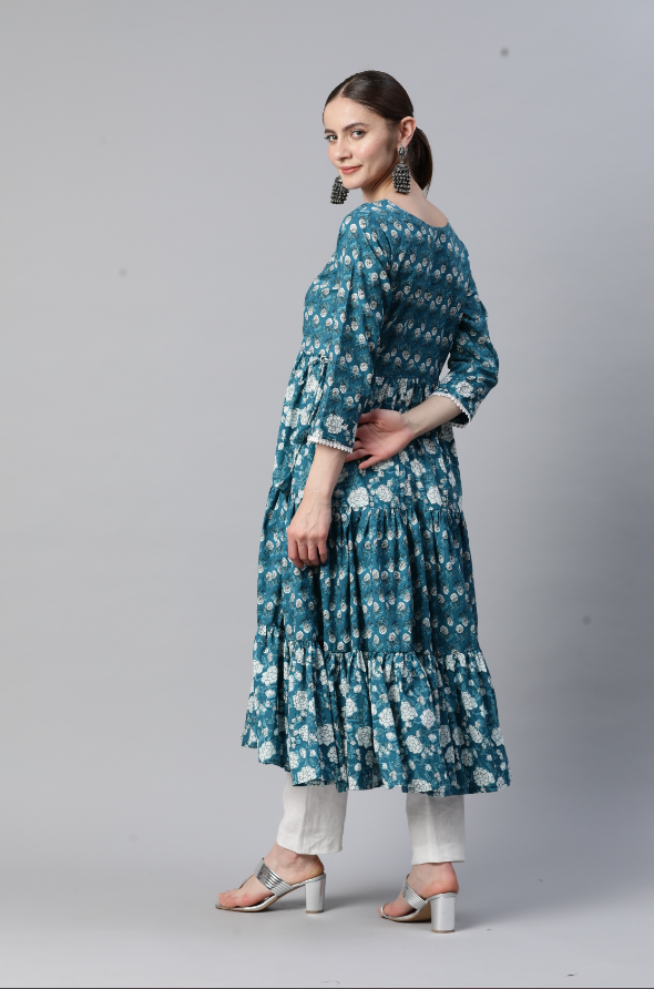 Women's Floral Printb & Lace Work Anarkali Cotton Teal Blue Stitched Kurta - Vbuyz