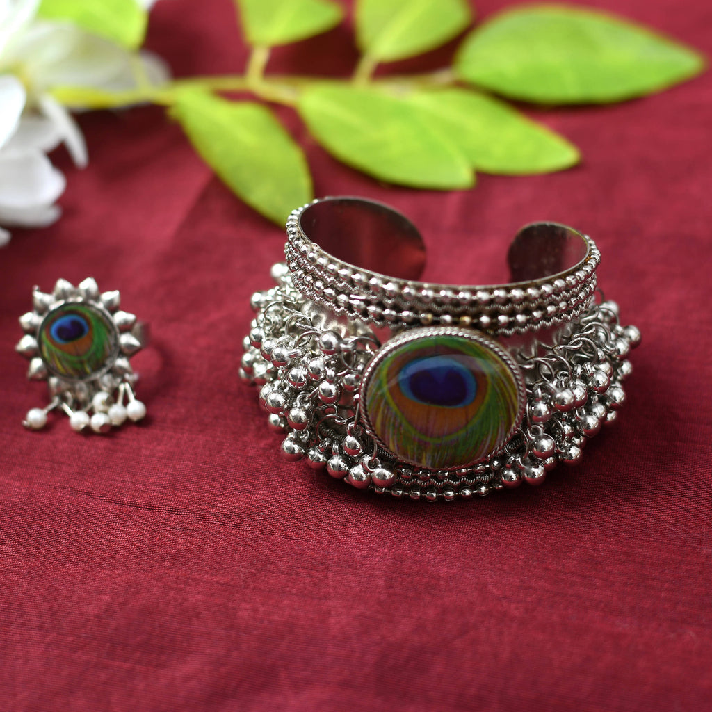 Johar Kamal Oxidised Silver-Plated Peacock Design Bracelet and Ring