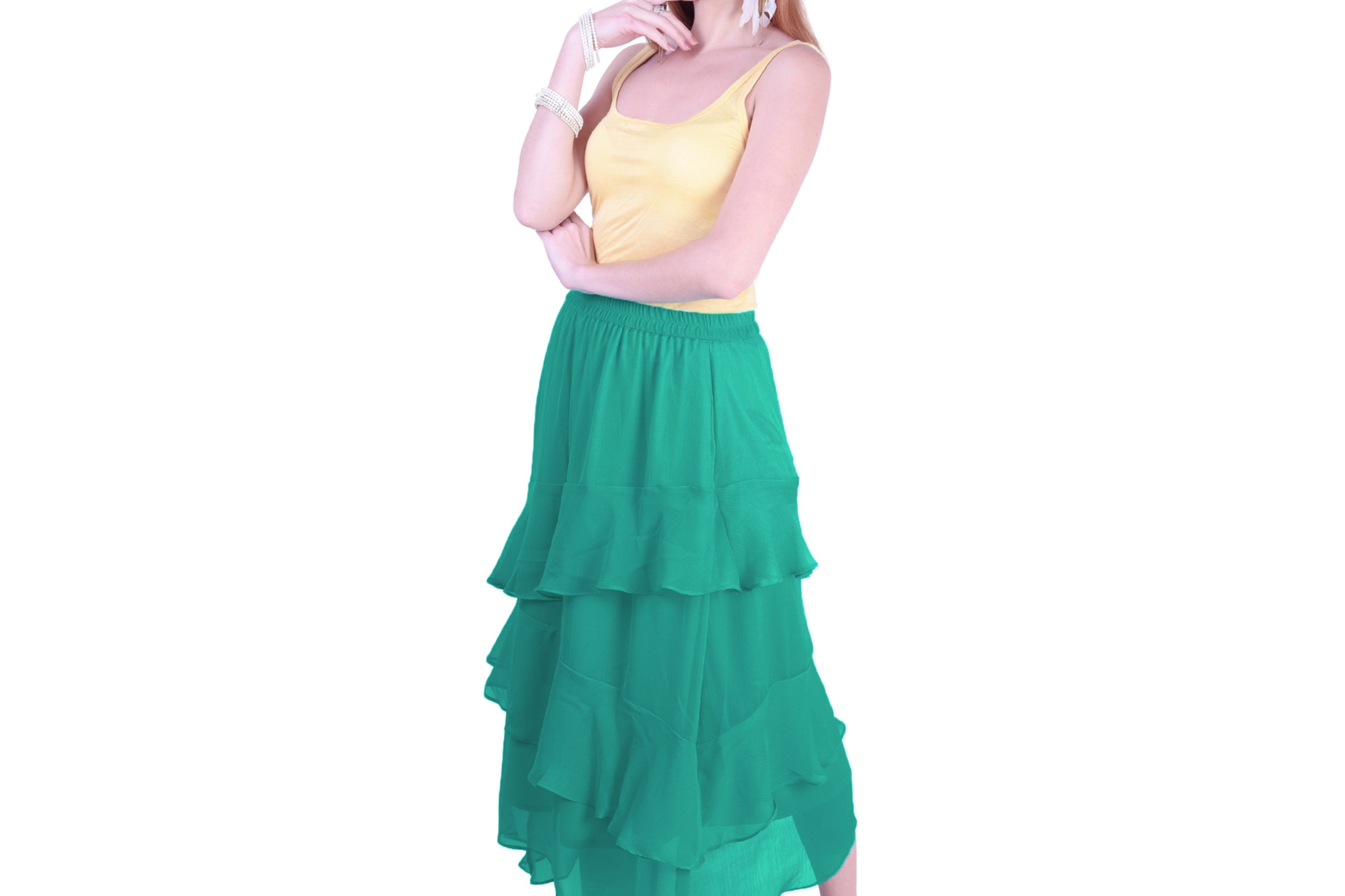 Women's Chiffon Ruffle Skirt With Elastic In Dark Green - MIRACOLOS by Ruchi