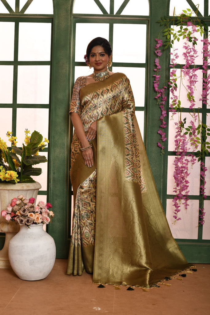 Women's Mahendi Woven Banarasi Silk Saree with Tassels