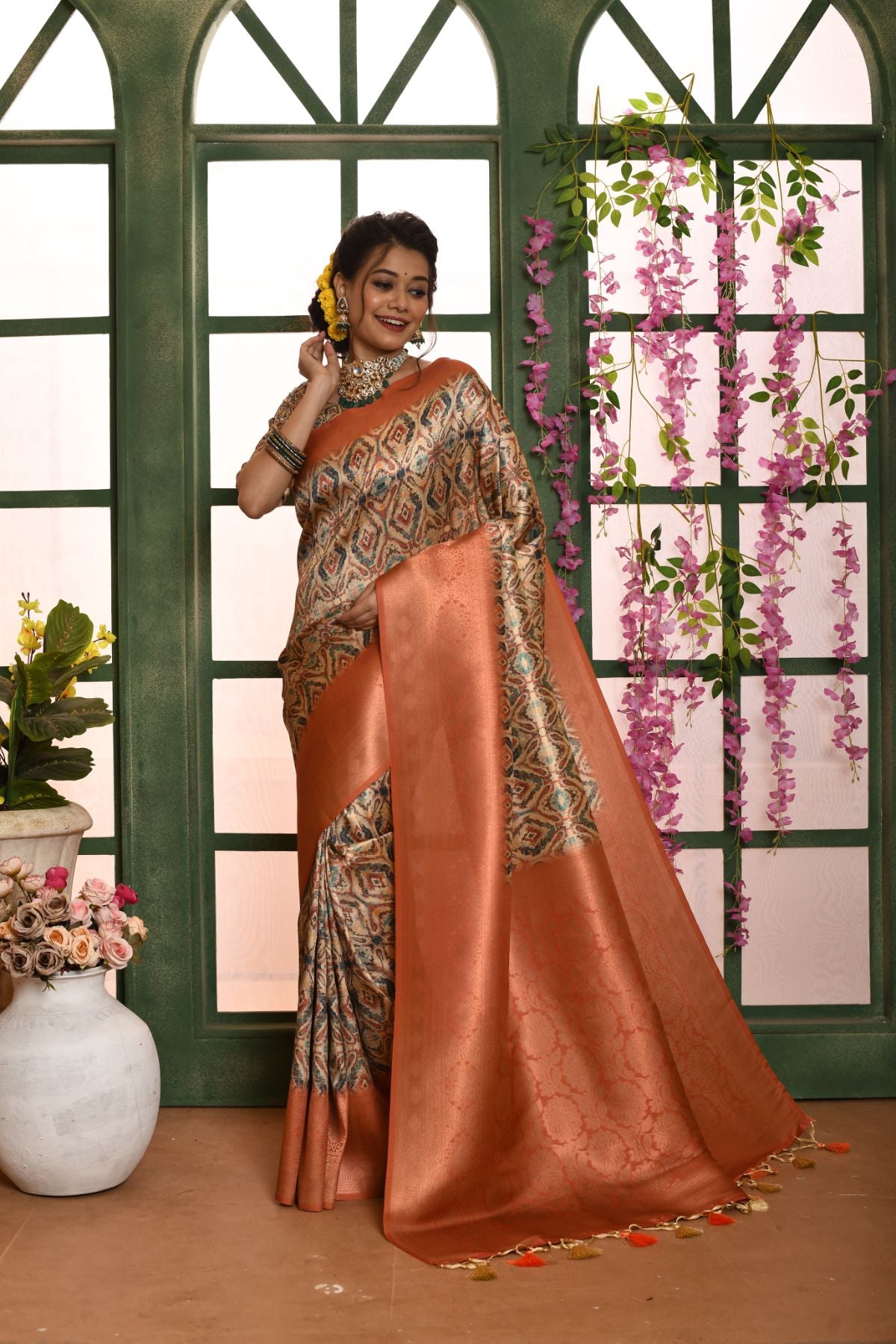 Women's Orange Woven Banarasi Silk Saree with Tassels - Vishnu Weaves